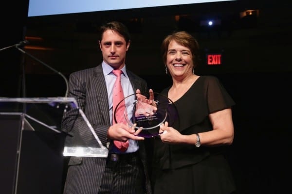 NEW YORK, NY - JUNE 09: Honoree Prince Lorenzo Borghese and President and CEO of Bideawee Nancy Taylor speak onstage during the Bideawee Masquerade Ball at Gotham Hall on June 9, 2014 in New York City. (Photo by Neilson Barnard/Getty Images for Bideawee)